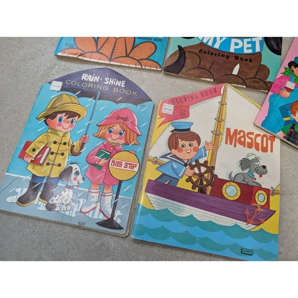 Lot of 5 Vintage 1960s 1970s Coloring Books Samuel Lowe Whitman-Mostly Unused